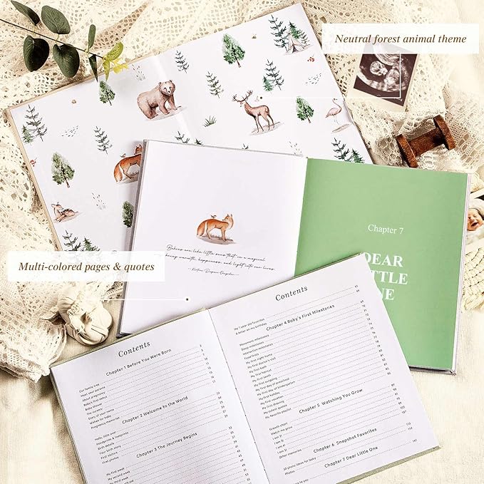 Lanpn Baby Memory Book Journal, Newborn First 5 Year Keepsake with DIY Window, Linen Baby Photo Book Memories Keepsake Scrapbook, Baby Milestone Album for Boy Girl New Parents (Sage Green, 154 Pages)