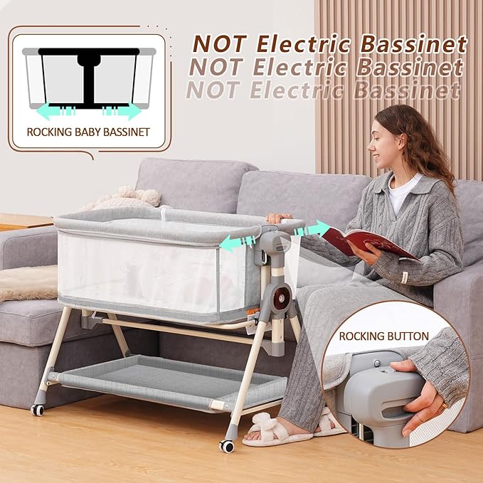 Baby Bassinet,Rocking Bassinet with Waterproof Sheet,3 in 1 Baby Bassinets Bedside Sleeper,6 Height Adjustable Bedside Bassinet for Newborn(Grey)