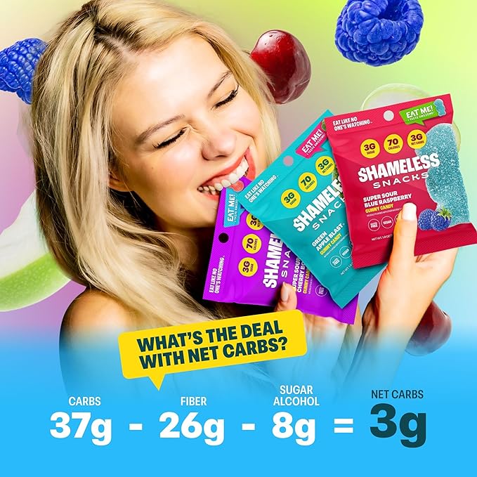 Shameless Snacks Sour Flavors Bundle Healthy Low Carb Keto Gummies Cherry Bomb, Blue Raspberry and Green Apple