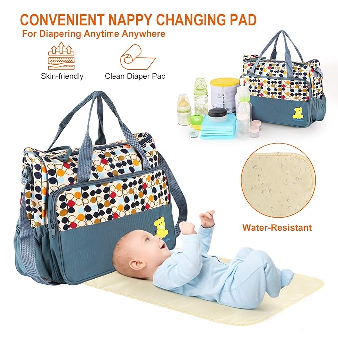 5PCS Diaper Bag Tote Set for Baby Essentials – Large Baby Bags for Mom, Waterproof Maternity Bags with Bottle Bag, Food Bag & Changing Pad (Gray)