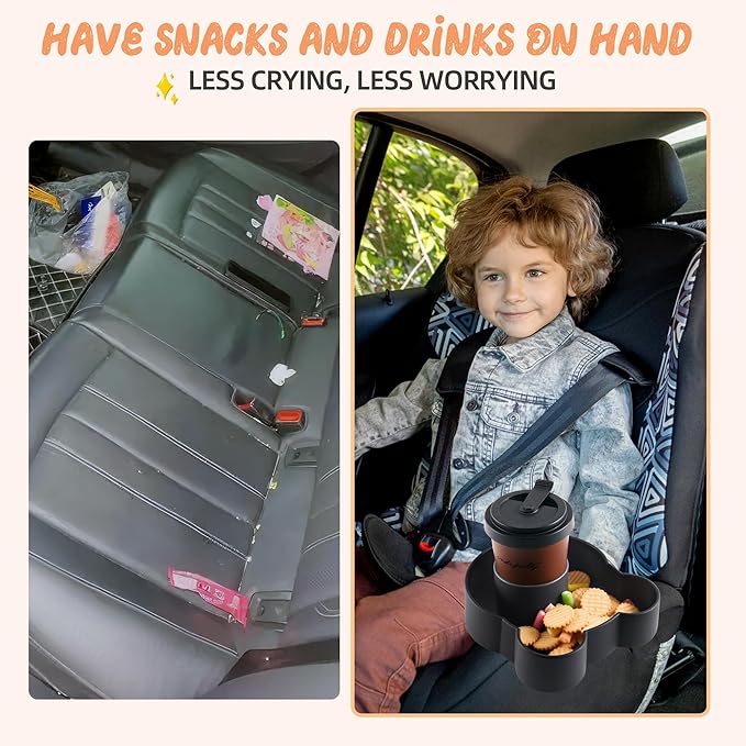 LEORAY Car Seat Snack Tray Silicone with Deeper Cup Holder, Food Tray for Kids Toddler Travel with 2 Different Size Adapters, Fits Most Car Seat and Other Seats with Cup Holders (Black)