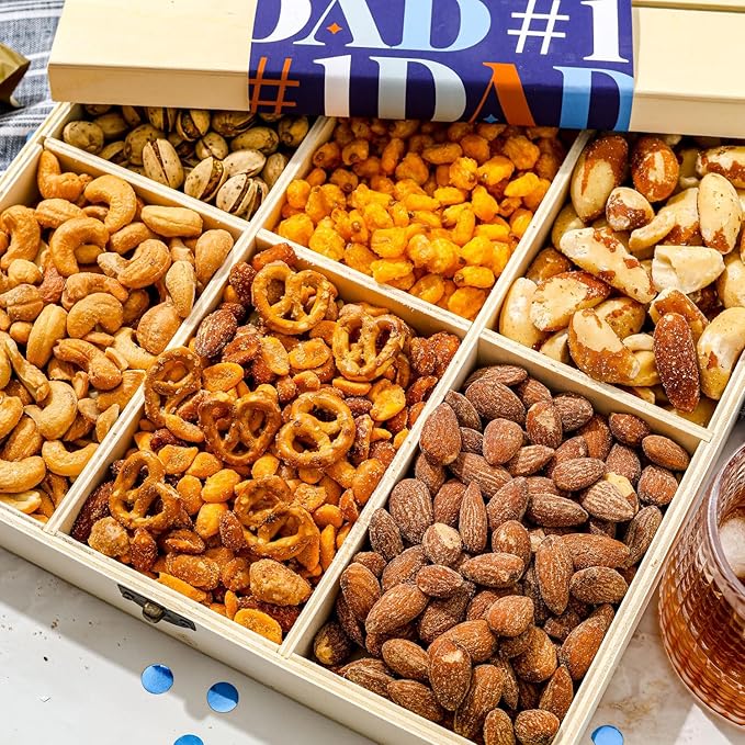 Fathers Day Gift Basket, Nut Gift Basket in Reusable Wooden Crate, Healthy Gift Option, Gourmet Snack Food Box, with Unique Flavors, Great for Dad, Father, Grandfather, Bonnie & Pop