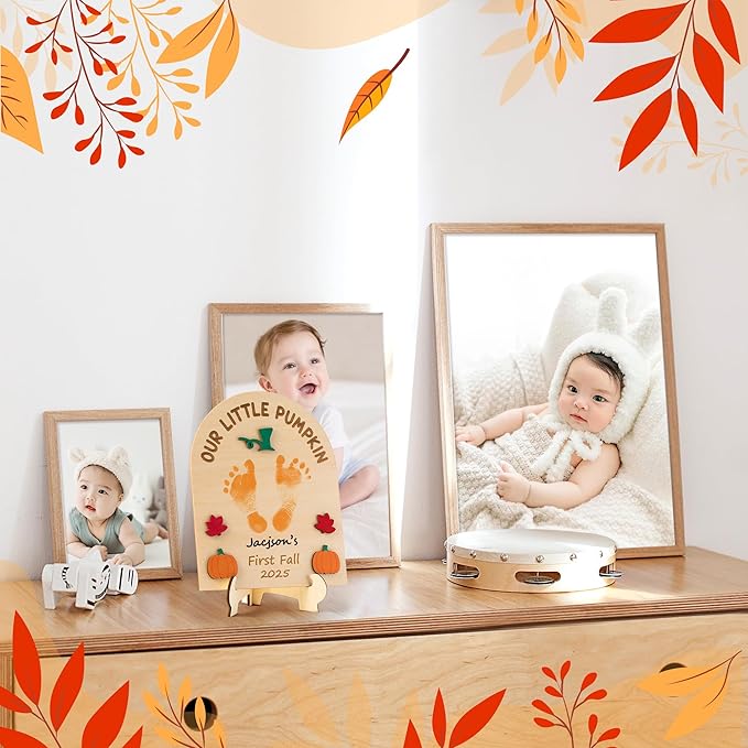 R HORSE Baby's First Fall Footprint or Handprint Art Sign Craft, Our Little Pumpkin DIY Wooden Hanging Decoration, Newborn Keepsake Gift for Baby First Fall Autumn Thanksgiving Baby Shower Photo Prop