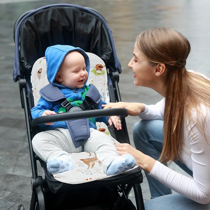 Baby Stroller Cushion,Infant Car Seat Insert-Reversible Universal Breathable and Soft Newborn Stroller Mat,100% Cotton Cover Toddler Seat Pad Liner-34x78cm,1 Pack(Deer+Hazelnut)