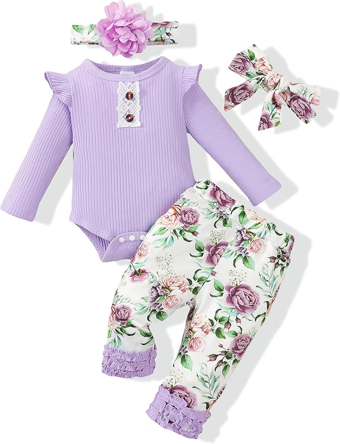 Renotemy Newborn Baby Girl Clothes Outfits Infant Romper Ruffle Floral Pants Cute Toddler Baby Girl Clothes Set