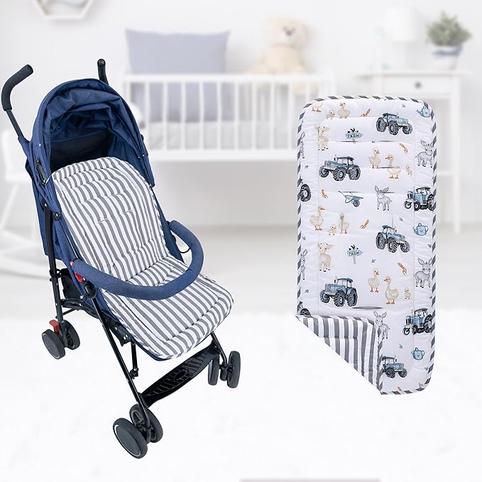Baby Stroller Cushion,Infant Car Seat Insert-Reversible Universal Breathable and Soft Newborn Stroller Mat,100% Cotton Cover Toddler Seat Pad Liner-34x78cm,1 Pack(Car+Gray Stripes)