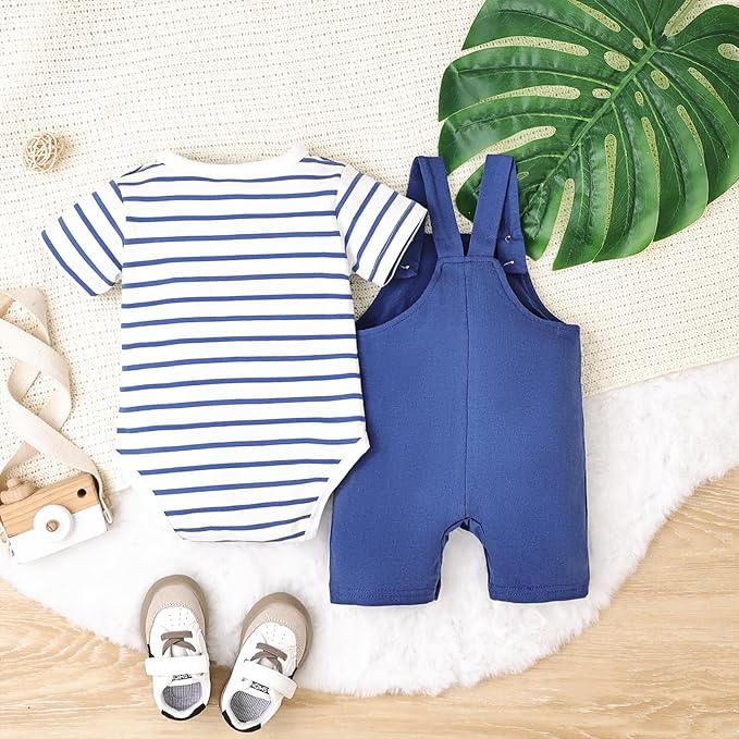 Baby Boy Clothes Newborn Outfits Stripe Romper Infant Cartoon Overall Adjustable Suspender Pants Set 0-18 Months