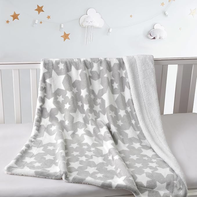 CREVENT 30"X40" Cozy Soft Warm Two Layers Sherpa Baby Blanket for Girls Boys, Newborn Essentials for Infant, Baby Shower Receiving Gift - Star Grey 75X100cm