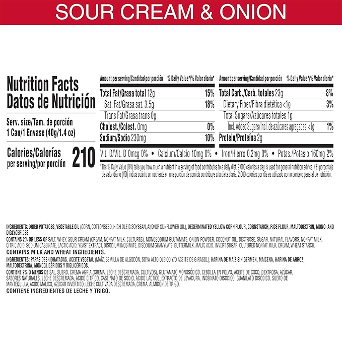 Pringles Potato Crisps Chips, Lunch Snacks, Office and Kids Snacks, Grab N' Go, Sour Cream and Onion (12 Cans)
