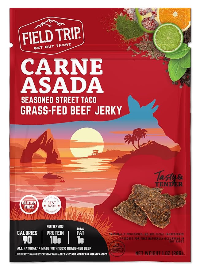 Field Trip Grass Fed Beef Jerky, Healthy Gluten Free Snacks, All Natural, Paleo-Friendly Beef Jerky, High Protein, Low Carb Snack with No Nitrates, 1oz Bag, 12 Pack, Carne Asada
