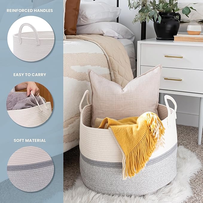 OrganiHaus Extra Large Blanket Basket for Living Room 20x13, Natural Cotton Rope Laundry Basket, Sturdy Hamper for Toy Storage, Cushions & Pillows Storage Bin, Nursery Decor Hamper - White/Gray
