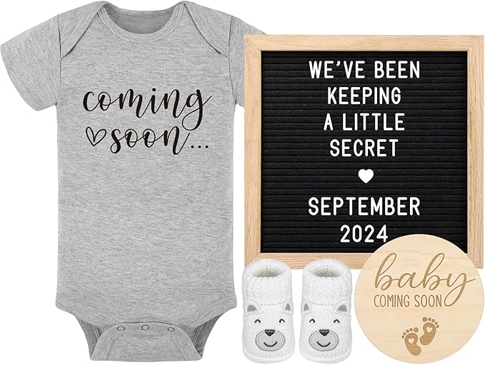 Pregnancy Announcement, Coming Soon Baby Announcement For Grandparents Dad Husband Family, Pregnancy Reveal Ideas, Gender Reveal Baby Shower Gifts -Felt Letter Board, Onesie, Booties, Wooden Sign