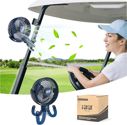 10L0L Universal Golf Cart Fan Fits Yamaha/EZGO/Club Car, Octopus Shape 360°Degree Rotational Fan, 3 Speed Adjustment, Support for Reverse Charging and Emergency Lighting-Black & Blue