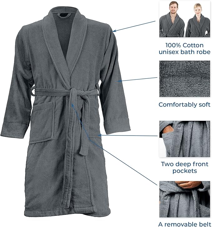 DAN RIVER Premium Cotton Terry Robes for Women and Men, Ultra Soft bathrobe with Adjustable Waist Belt and Pockets Pack of 1