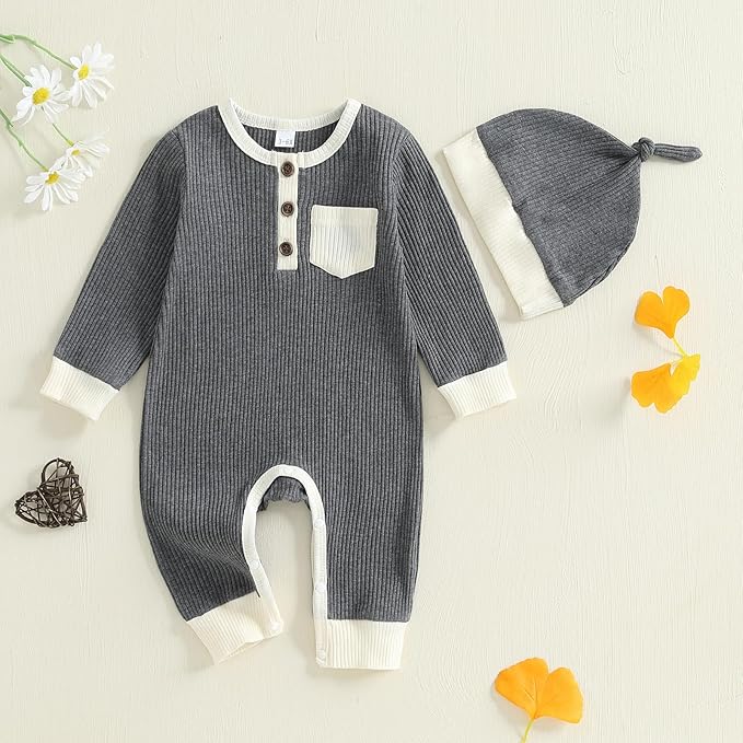 fhutpw Newborn Baby Boy Clothes Ribbed Knit Bodysuit 3 6 Months Infant Fall Long Sleeve Splicing Color Romper Jumpsuit & Hat