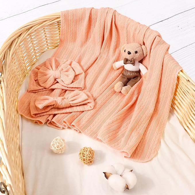Newborn Receiving Blanket with Bow Hat Headband Wooden Card Set Wheat-Pattern Newborns Toddler Baby Boy Girl Nursery Swaddle Wrap