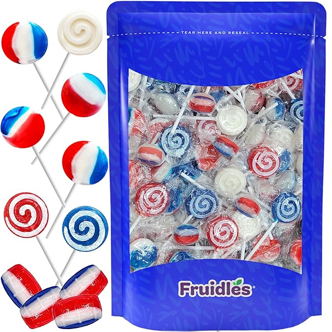 Fruidles Assorted USA Patriotic Lollipops & Barrels Mix, Red, White, and Blue Mixed Fruit Flavor, Made in Brazil, Individually Wrapped, 8g (30 Pounds (Bulk))