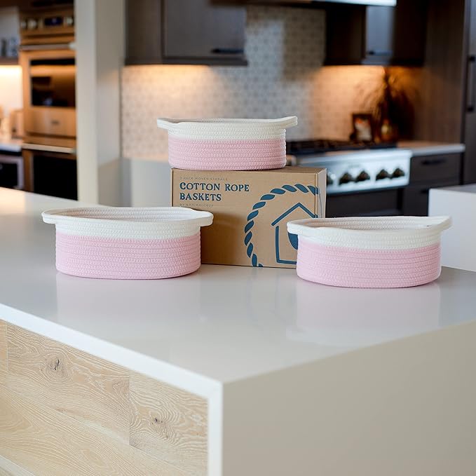 NaturalCozy 3-Piece Oval Storage Basket Set– Soft Natural Rope Woven Baskets for Storage Shelf, Toy, Nursery, Gift, Baby Shower, Pets Cat Dog Bins | Small Basket for Organizing (Off White & Pink)