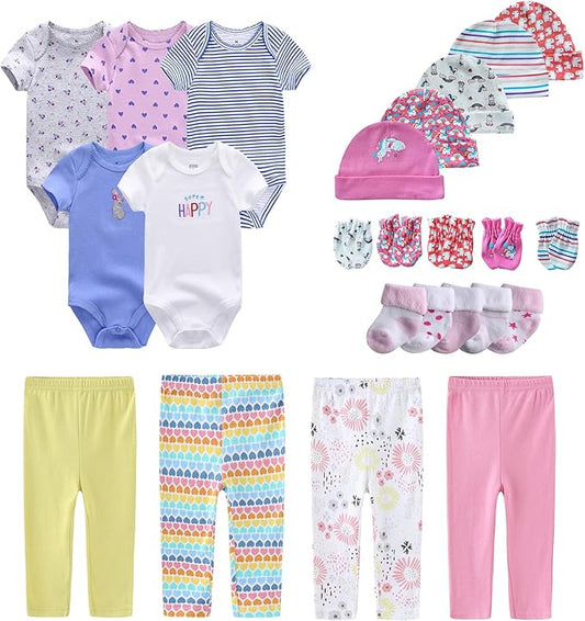 Newborn Layette Gift Set Bodysuits Pants for Baby Girl and Boy 24 Piece 100% Cotton Essentials and Accessories