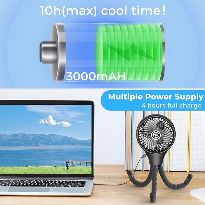 PANERGY Baby Stroller Fan, Oscillating Mini Portable Fan, 3 Speeds Battery Operated Flexible Tripod Clip on for Car Seat Crib Travel