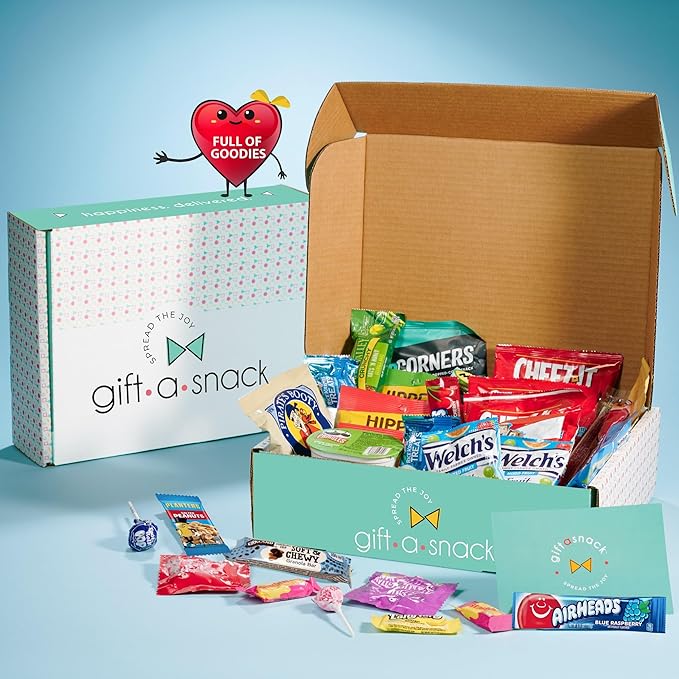 Gift A Snack - Back to School/Off to College Snack Box Care Package Variety Pack + Greeting Card (200 Count) Birthday Sweet Treats Gift Basket, Candies Chips Crackers Bars, Office Food Assortments