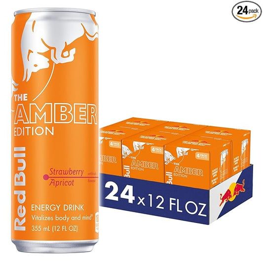 Red Bull Amber Edition Energy Drink, Strawberry Apricot, with 114mg Caffeine plus Taurine & B Vitamins, 12 Fl Oz, 6 Packs of 4 Cans (Pack of 24)