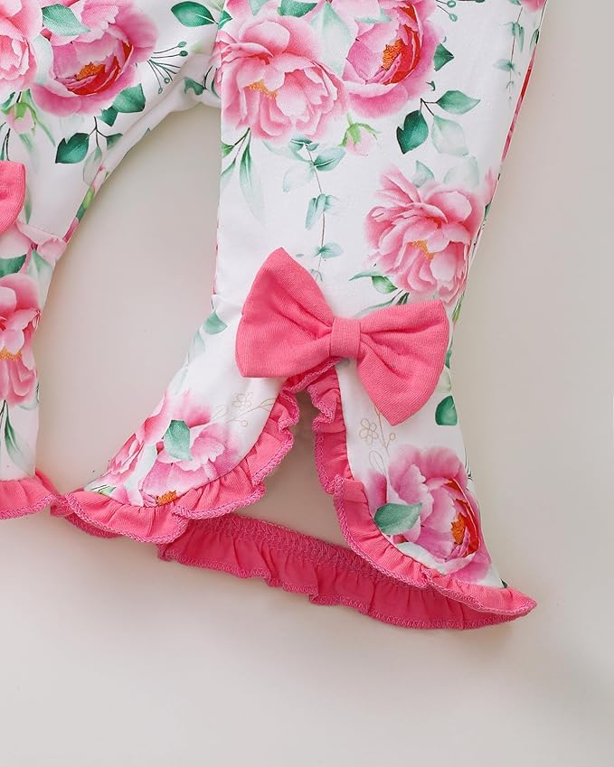 SUNNY PIGGY Newborn Baby Girl Clothes Infant Outfits Romper Floral Fall Outfit Bell Bottoms Pant Sets Hat Headband Flowerpant