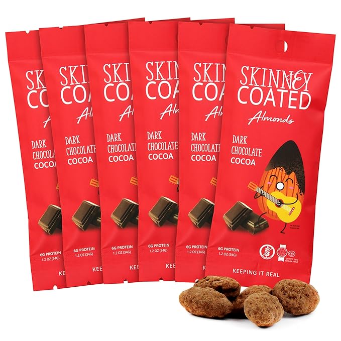Skinny Coated Dark Chocolate Cocoa Snacks, Cocoa Flavored Almonds Healthy Chocolate Snacks in Bulk - Skinny Almonds, Kosher, Gluten Free Sweet Snacks for Adults, 1.2Oz p/Bag, 6 Pack