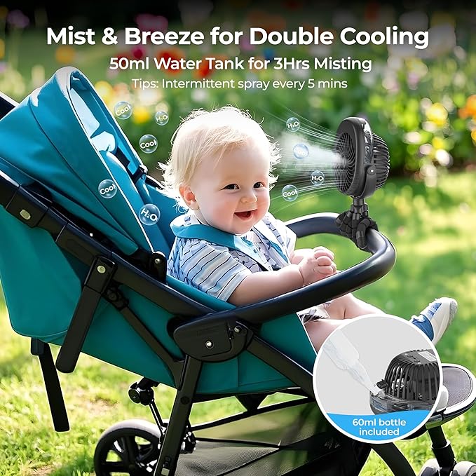 Misting Baby Stroller Fan, 4000mAh Rechargeable Battery Operated, 270°Pivoting, 15H Cooling,50ml Portable Water Sprayer Misting Fan with Flexible Tripod Clip on Car Seat Crib Treadmill Bunk Bed