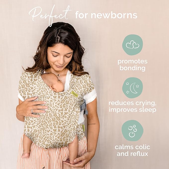 Boba Bliss Pre-Wrapped Baby Carrier with Buckle - Newborn to 7-35 lbs Light, Breathable & Easy to Adjust Hybrid Infant Sling & Toddler Carrier - Certified Hip-Healthy for 0-18 Months - Sand Leopard