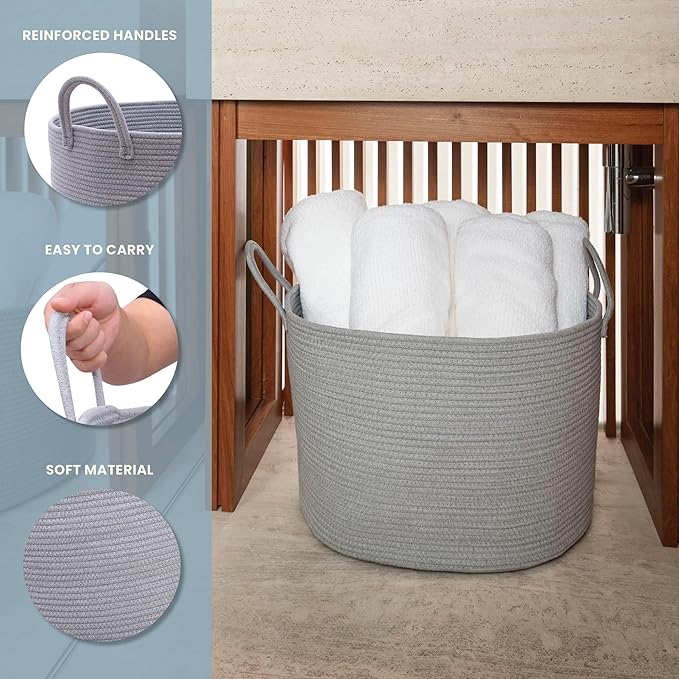 OrganiHaus Woven Laundry Basket, Large Cotton Rope Blanket Holder with Handles, Soft & Sturdy Nursery Hamper, Decorative Toy Bin for Living Room Organization 20x13 inches - Gray