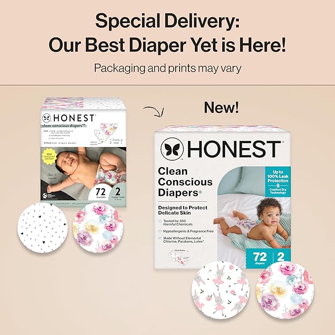 The Honest Company Clean Conscious Diapers for Delicate Skin | Up to 100% Leakproof | Hypoallergenic, Fragrance Free | Girl Prints | Club Box, Size 2 (12-18 lbs), 72 Count (Prints May Vary)
