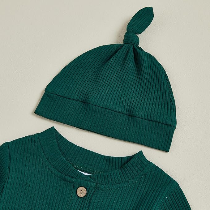 Newborn Baby Boy Clothes Long Sleeve Ribbed Bodysuit Pants Hat 3-Piece Outfit Set