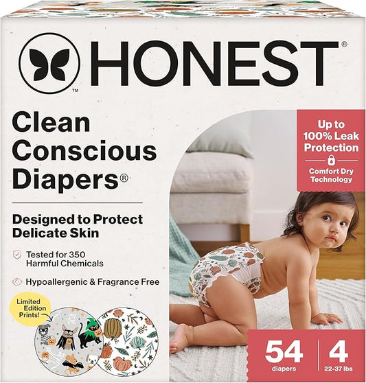 The Honest Company Clean Conscious Diapers for Delicate Skin | Up to 100% Leakproof | Hypoallergenic, Fragrance Free | Fall '25 Limited Edition Prints | Club Box, Size 4 (22-37 lbs), 54 Count