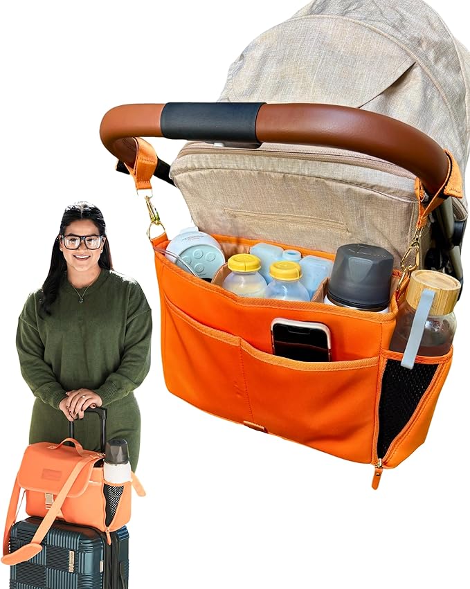 Sarah Wells Stroller Caddy & Pump Bag – Insulated Neoprene Diaper Organizer with Crossbody Strap, Machine Washable, Luggage Sleeve – Fits Single & Double Strollers (Orange)