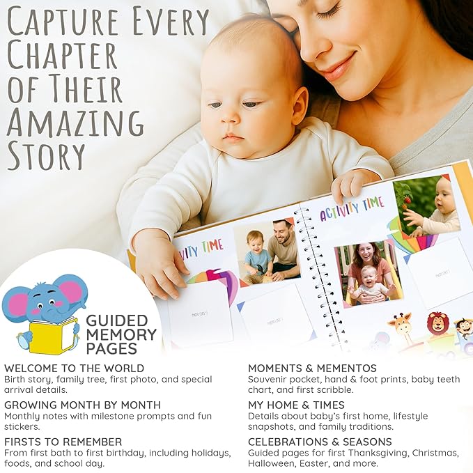 Baby Memory Book for Boy or Girl | First 5 Years Keepsake Journal Baby Book to Record Milestones and Photos | Gender Neutral Scrapbook for Newborn Babies with 12 Monthly Stickers