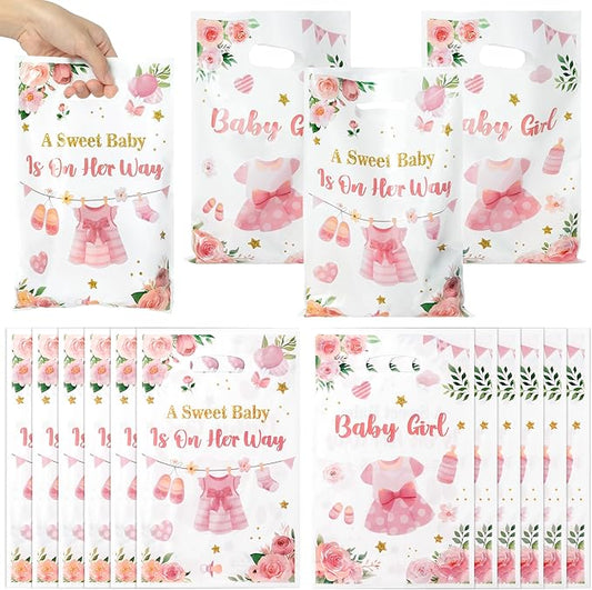50Pcs Pink Floral Baby Shower Party Favor Bags, A Sweet Baby is on Her Way Goody Treat Bags, It's a Girl Pink Plastic Candy Gift Pack Party Supplies Decoration