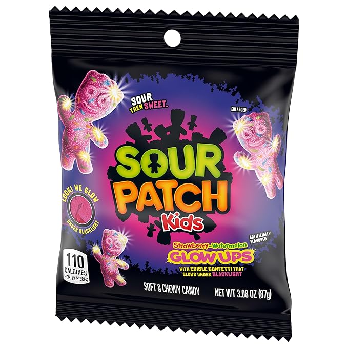 SOUR PATCH KIDS Glow Ups Strawberry-Watermelon Soft & Chewy Candy, Bulk Candy, 12-3.08 oz Bags