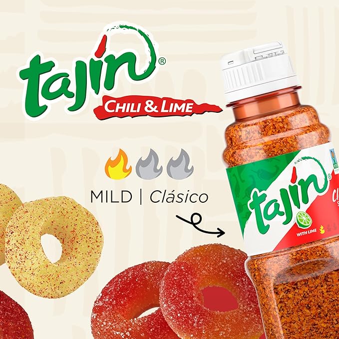 Snak Club Tajin Gummy Candy Fruit Rings, Gummies with Chili and Lime Seasoning, Mild Spice, Gluten-Free and Vegan Snacks, Assorted Variety, Mango, Pineapple, Peach, Watermelon, Snack Size 12 Pack