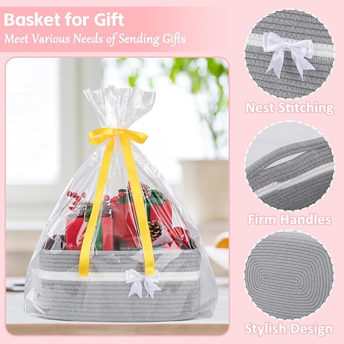 OIAHOMY Large Woven Storage Basket with Handles for Nursery Living Room Shelves, Bow Basket for Gifts Empty with Gift Bags and Ribbons for Baby Showers Pet Toy Bin - Grey