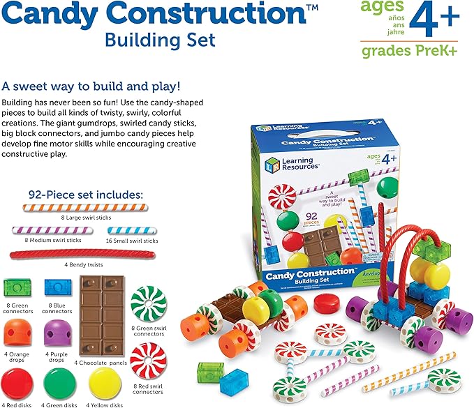 Learning Resources Candy Construction Building Set - 92 Pieces, Ages 4+ Toddler Learning Toys, Fine Motor Building Toy, Preschool Toys, STEM Toys