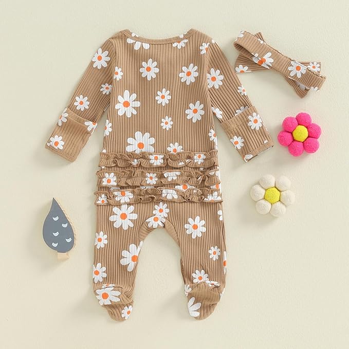 Newborn Girl Clothes Baby Girl Coming Home Outfit Zipper One-piece Outfits Ruffle Footie Bodysuit Jumpsuit Headband