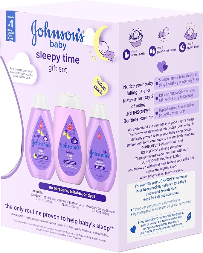 Johnson's Baby Sleepy Time Bedtime Gift Set with Relaxing NaturalCalm Aromas, Bedtime Baby Bath Shampoo, Wash & Lotion, Baby Bedtime Essentials, Hypoallergenic & Paraben-Free, 3 Items