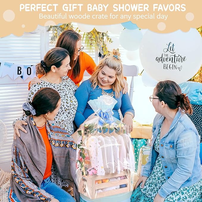 Wooden Baby Shower Crate Closet, Baby Basket with Handle Baby Storage Crate Hamper, Baby Welcome Gifts with 6 Pieces Teddy Bear Wooden Hangers, Baby Personailzed Basket for Pregnancy New Parent
