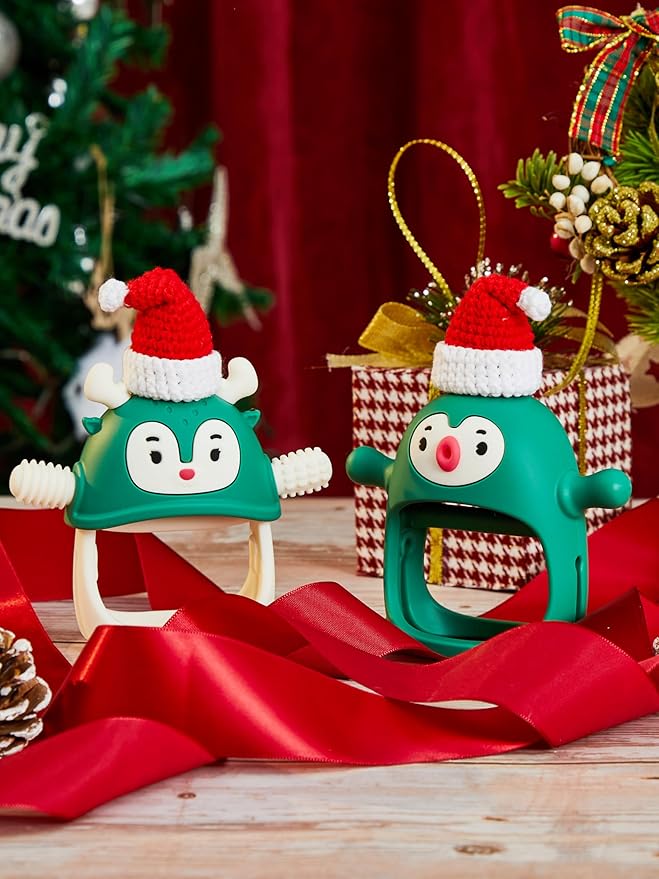 Smily Mia Baby Christmas Stocking Stuffers - Penguin Teether for 0-6M, Reindeer Chew Toys for 3-6M, Teething Mittens for 6-12M, Pine Green