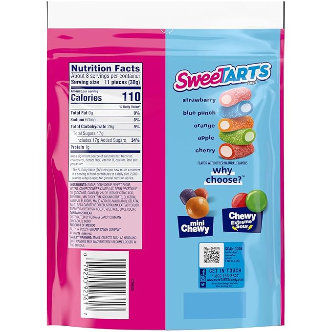 SweeTARTS Rope Bites Candy, Mixed Fruit, 8 Ounce Resealable Bag (Pack of 3)