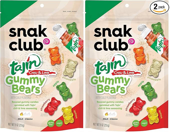 Snak Club Gummy Bears, Tajin Chili & Lime Sweet and Spicy Gummy Candy, Mild in Heat Bold in Flavor, Low-Fat, Vegan, Gluten-Free Snack, 9 oz Large Resealable Bag (Pack of 2)