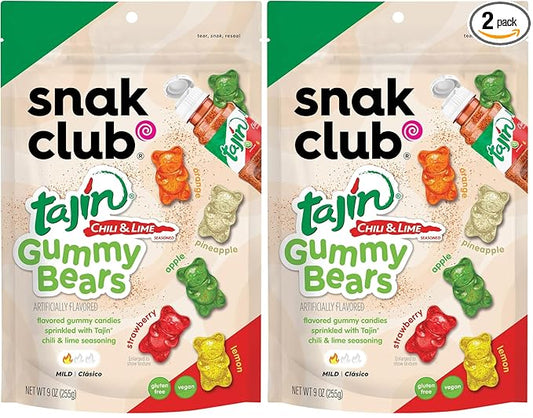 Snak Club Gummy Bears, Tajin Chili & Lime Sweet and Spicy Gummy Candy, Mild in Heat Bold in Flavor, Low-Fat, Vegan, Gluten-Free Snack, 9 oz Large Resealable Bag (Pack of 2)