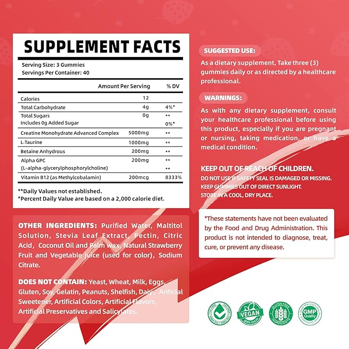 Creatine Monohydrate Gummies Complex for Men & Women - 120 Gummies Advanced Formula, L-Taurine + Vitamin B12 for Muscle Strength, Muscle Builder, Energy Boost, Pre-Workout Supplement-Strawberry