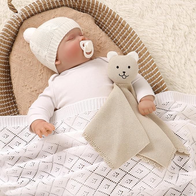 LAWKUL Baby Blanket Bear Lovey Soft Cuddly Security Blanket for Newborns Infants Boy Girl Knit Snuggle Comfort Camel 16x16in